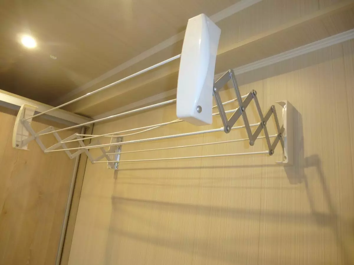 Dryers ballkon tavan (47 foto): Si për të instaluar varëse ballkon për tharje? Sistemet e pezulluara të rrobave litarë dhe të tjerët, shqyrtime 10009_20