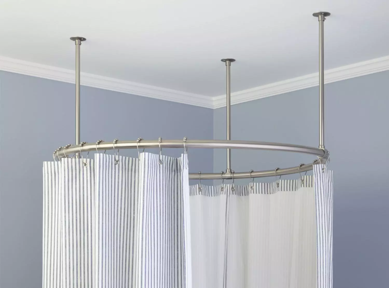 Banyo saçakları: perdeler için m-şekilli çubuklar, perdeler ve esnek tutucular için teleskopik çubuklar, oval banyo için perdeler için sabitleme seçin 10049_3