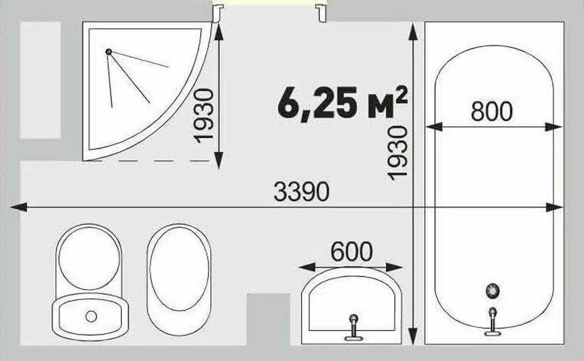 ရေချိုးခန်းအရွယ်အစား - ပုဂ္ဂလိကအိမ်နှင့်တိုက်ခန်းများအတွက်စံ, နိမ့်ဆုံးနှင့်အကောင်းဆုံးအရွယ်အစား 10053_3