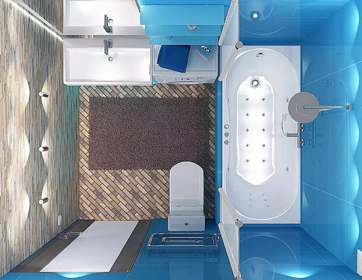 Ukuran kamar mandi: standar, ukuran minimum sareng eksistensi optimal pikeun bumi pribadi sareng apartemen pribadi 10053_5