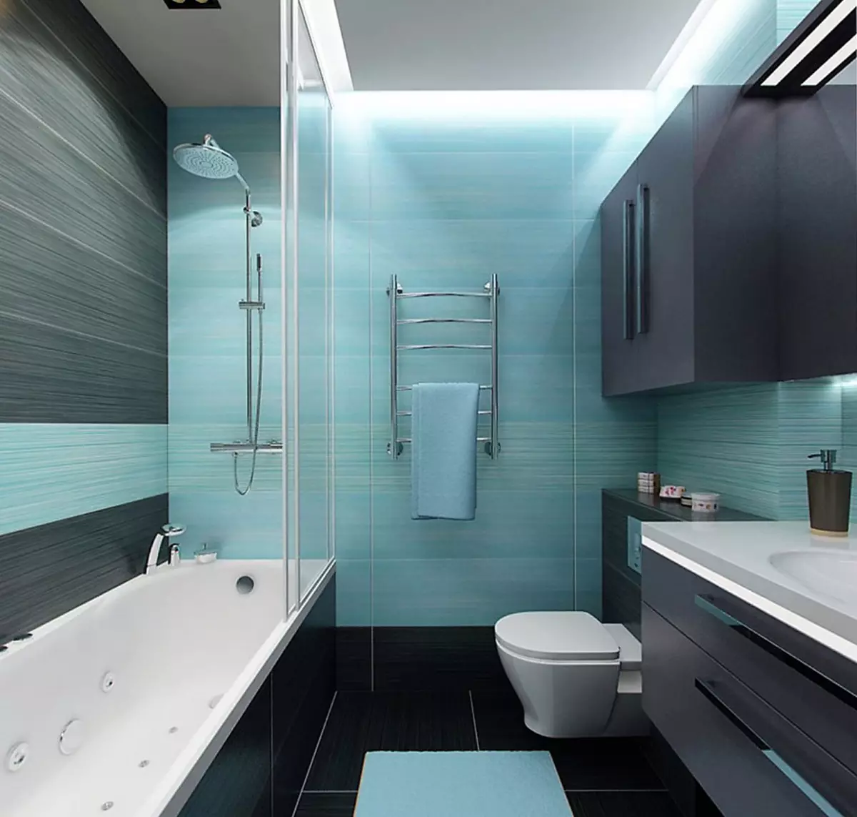 Дизайн маленькой ванной комнаты фото без туалета. Ванная в бирюзовом цвете. Интерьер ванной комнаты с туалетом. Цветовые решения для ванной. Интерьер совмещенной ванной.