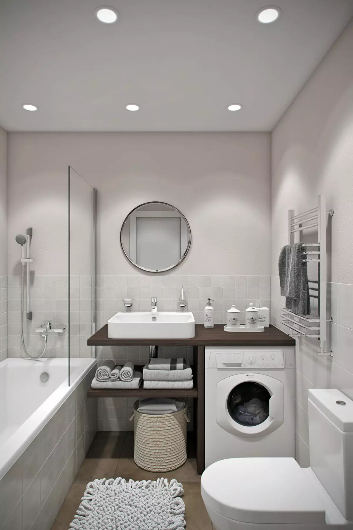 Design del bagno combinato con 3a struttura quadrata. M (76 foto): bagno interno bagno con lavatrice, posa una piccola stanza 10068_12