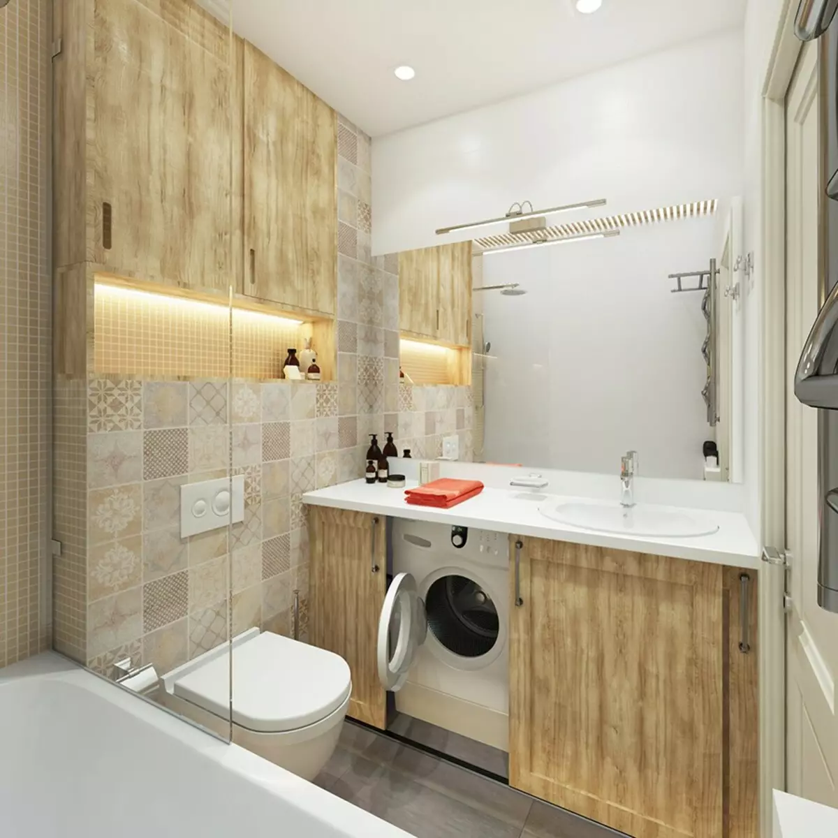 Desain kamar mandi dikombinasikan dengan toilet persegi ke-3. M (76 foto): Kamar mandi desain interior dengan mesin cuci, meletakkan ruangan kecil 10068_21