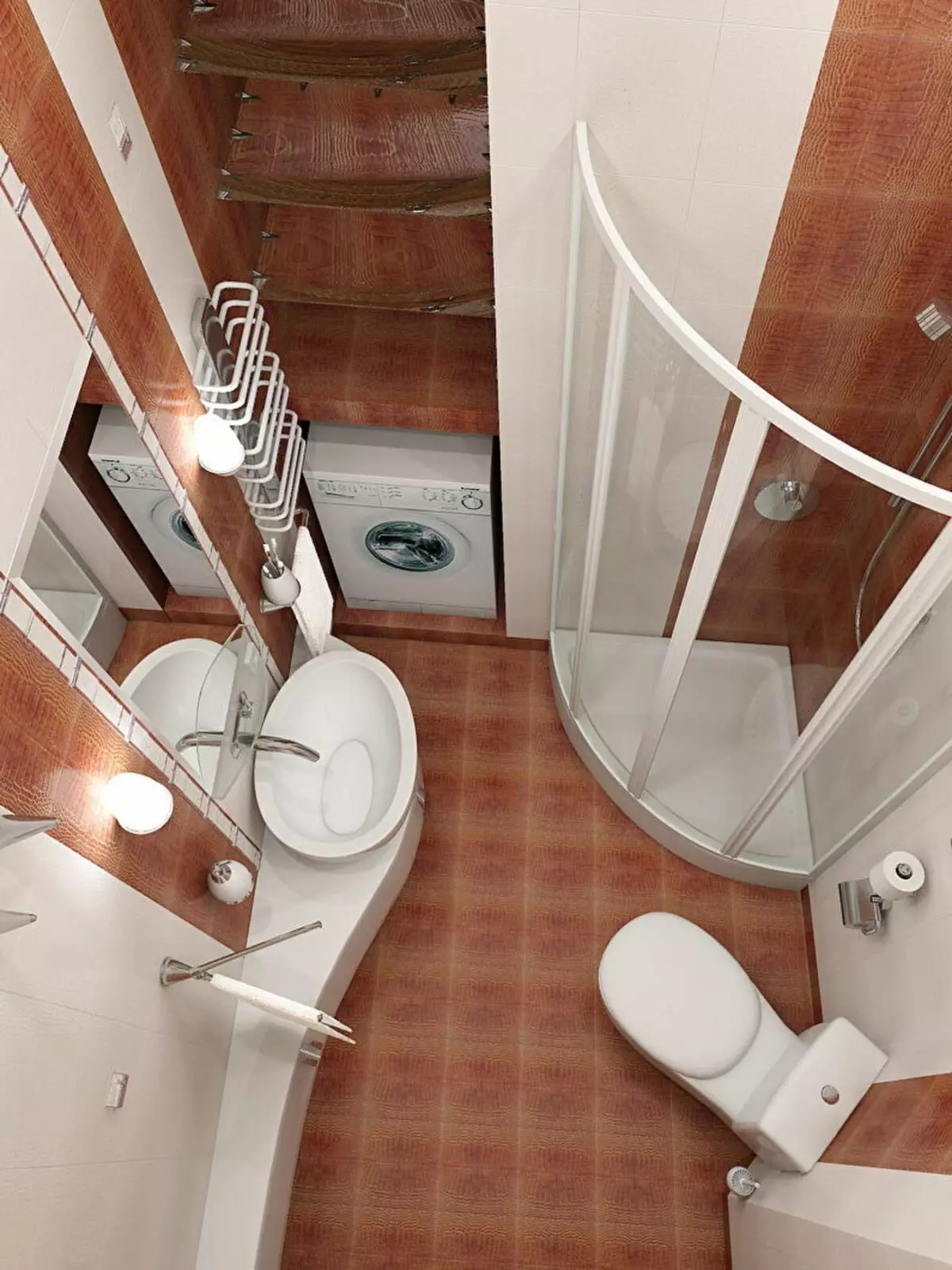 Desain kamar mandi dikombinasikan dengan toilet persegi ke-3. M (76 foto): Kamar mandi desain interior dengan mesin cuci, meletakkan ruangan kecil 10068_3