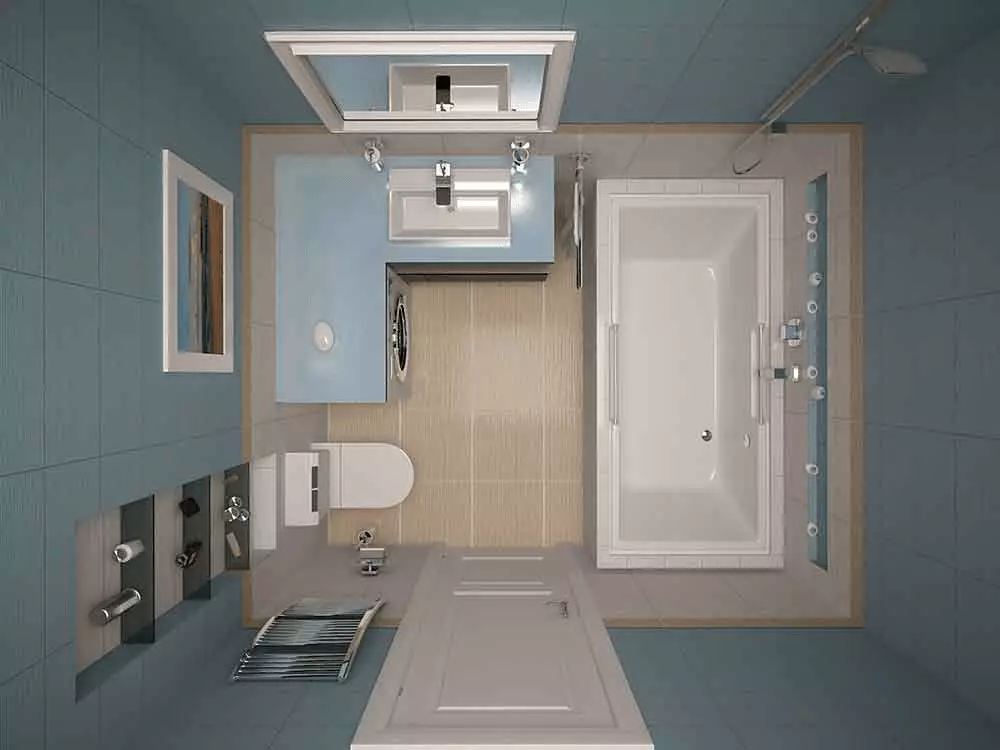 Desain kamar mandi dikombinasikan dengan toilet persegi ke-3. M (76 foto): Kamar mandi desain interior dengan mesin cuci, meletakkan ruangan kecil 10068_33