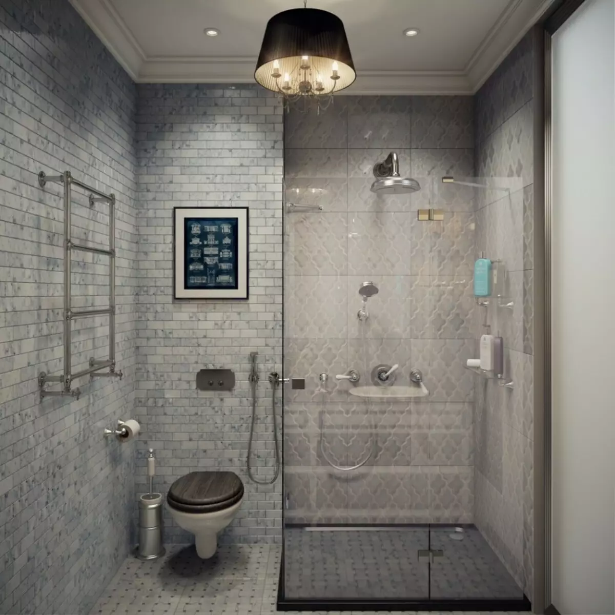 Desain kamar mandi dikombinasikan dengan toilet persegi ke-3. M (76 foto): Kamar mandi desain interior dengan mesin cuci, meletakkan ruangan kecil 10068_40