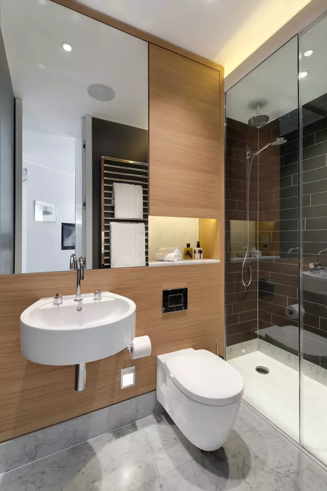 Desain kamar mandi dikombinasikan dengan toilet persegi ke-3. M (76 foto): Kamar mandi desain interior dengan mesin cuci, meletakkan ruangan kecil 10068_63