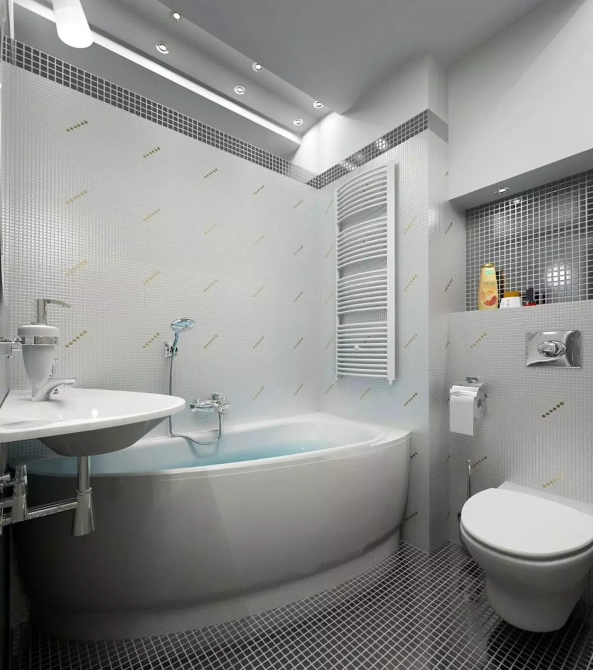 Design del bagno combinato con 3a struttura quadrata. M (76 foto): bagno interno bagno con lavatrice, posa una piccola stanza 10068_74