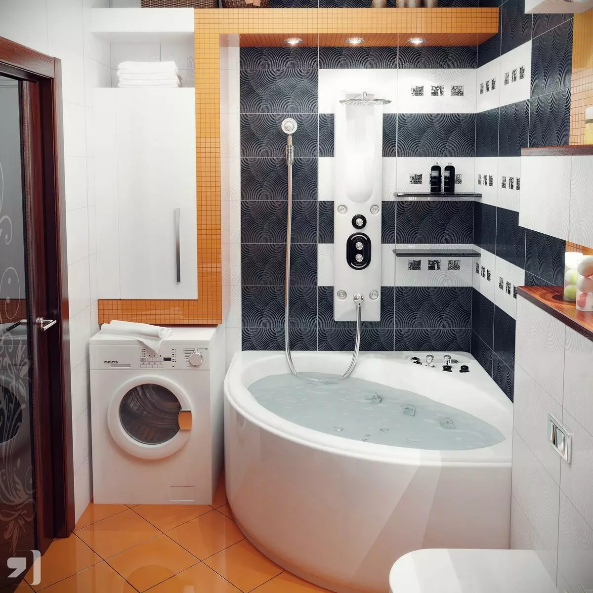 עיצוב אמבטיה בשילוב עם שירותים מרובע 3. M (76 תמונות): עיצוב פנים חדר אמבטיה עם מכונת כביסה, הנחת חדר קטן 10068_76