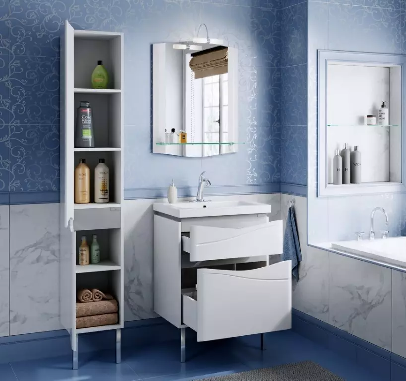 Кабинети без огледало за бањи: Изберете монтирани бели и други бои шкафчиња, комбинација на ѕид кабинет со заеднички внатрешни работи 10071_2