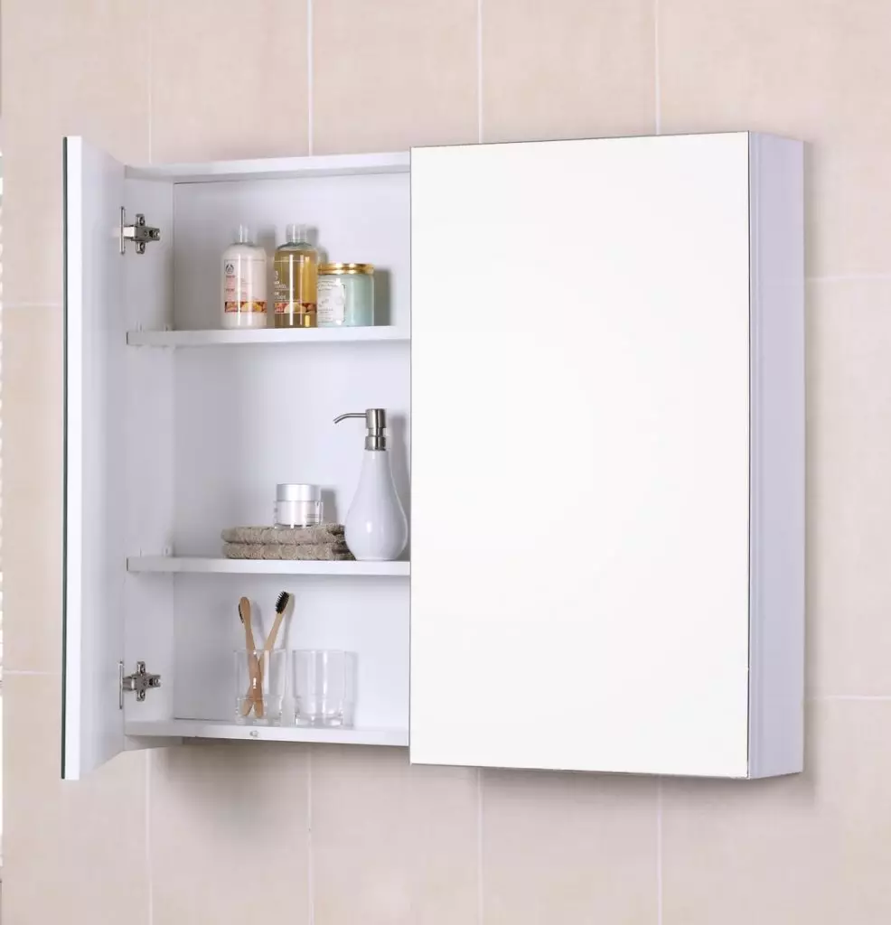 Кабинети без огледало за бањи: Изберете монтирани бели и други бои шкафчиња, комбинација на ѕид кабинет со заеднички внатрешни работи 10071_9