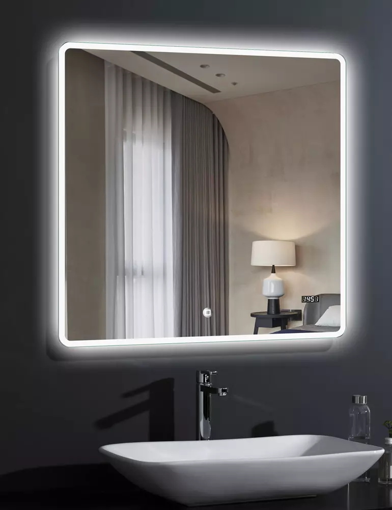 Espelho aquecido no banheiro: Como escolher um espelho com iluminação, relógio e anti-planície no banheiro? Características de espelhos de aquecimento 10072_31