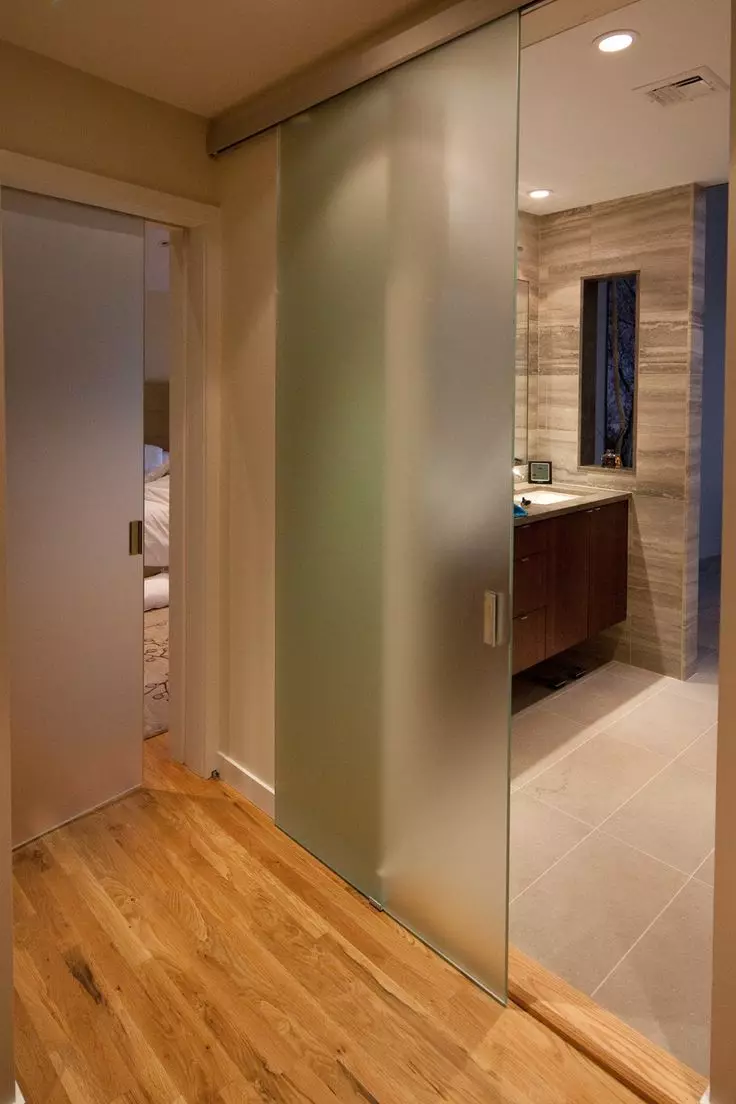 Ajtók a fürdőszobában és a WC-nek (81 fotók): Mi jobb, ha a szobába kerülne? Hogyan válasszuk ki az ajtókat a fürdőszobában? A műanyag és csúszó modellek áttekintése, szélessége és egyéb dimenziói 10083_38