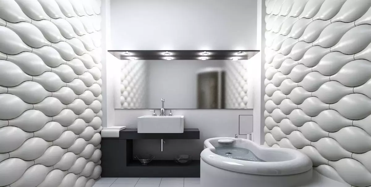 욕실 용 구호 타일 (27 장의 사진) : 타일 파도의 장단점. 물결 모양의 타일 디자인. 욕실 내부에 양각 된 타일의 예 10090_15