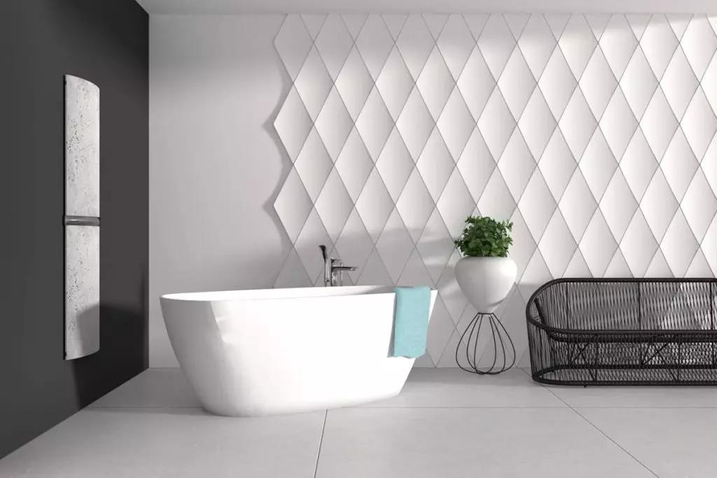 浴室的浮雕瓷砖（27张）：瓷砖波浪的优点和缺点。波浪瓷砖设计。浴室内部的压纹瓷砖的例子 10090_16