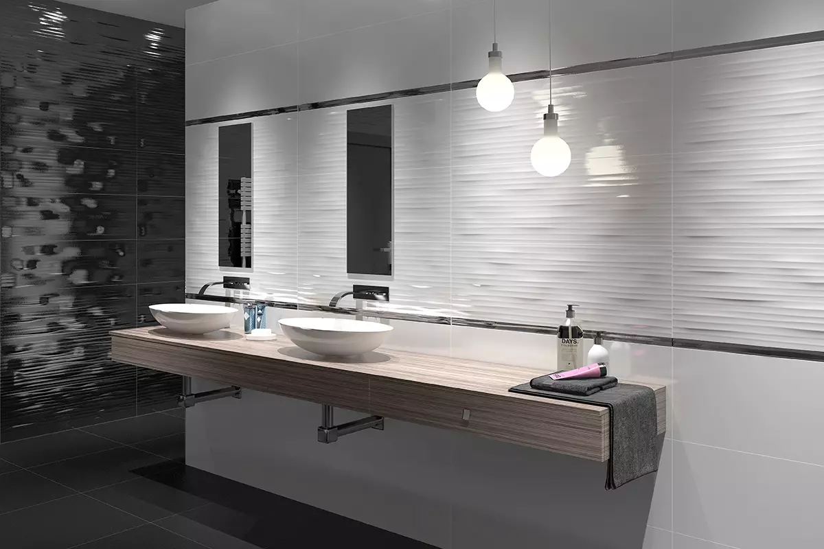 浴室的浮雕瓷砖（27张）：瓷砖波浪的优点和缺点。波浪瓷砖设计。浴室内部的压纹瓷砖的例子 10090_19