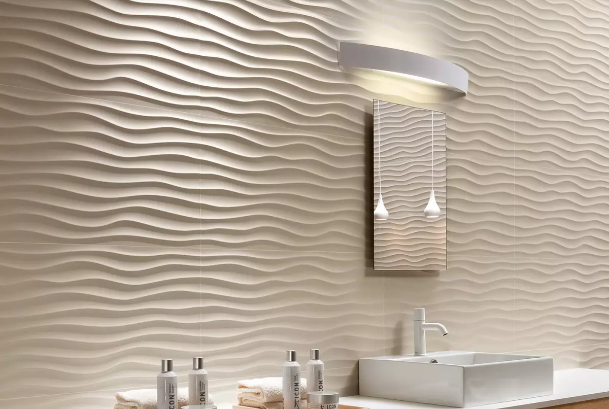 浴室的浮雕瓷砖（27张）：瓷砖波浪的优点和缺点。波浪瓷砖设计。浴室内部的压纹瓷砖的例子 10090_3