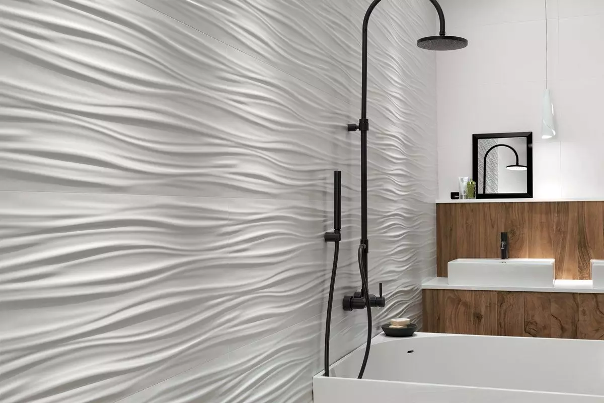 浴室的浮雕瓷砖（27张）：瓷砖波浪的优点和缺点。波浪瓷砖设计。浴室内部的压纹瓷砖的例子 10090_5