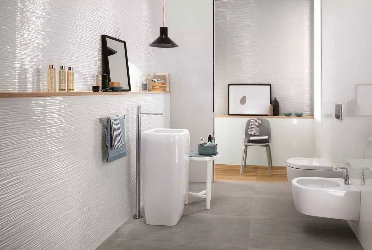 浴室的浮雕瓷砖（27张）：瓷砖波浪的优点和缺点。波浪瓷砖设计。浴室内部的压纹瓷砖的例子 10090_8