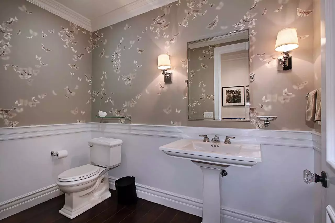 Kuinka erottaa seinät muussa kylpyhuoneessa kuin laatat? 65 Valokuvat: Design-asetukset. Taustakuvat ja muut viimeistelymateriaalit. Mitä voidaan ommeltua ja seinän sijasta laatta? 10108_30