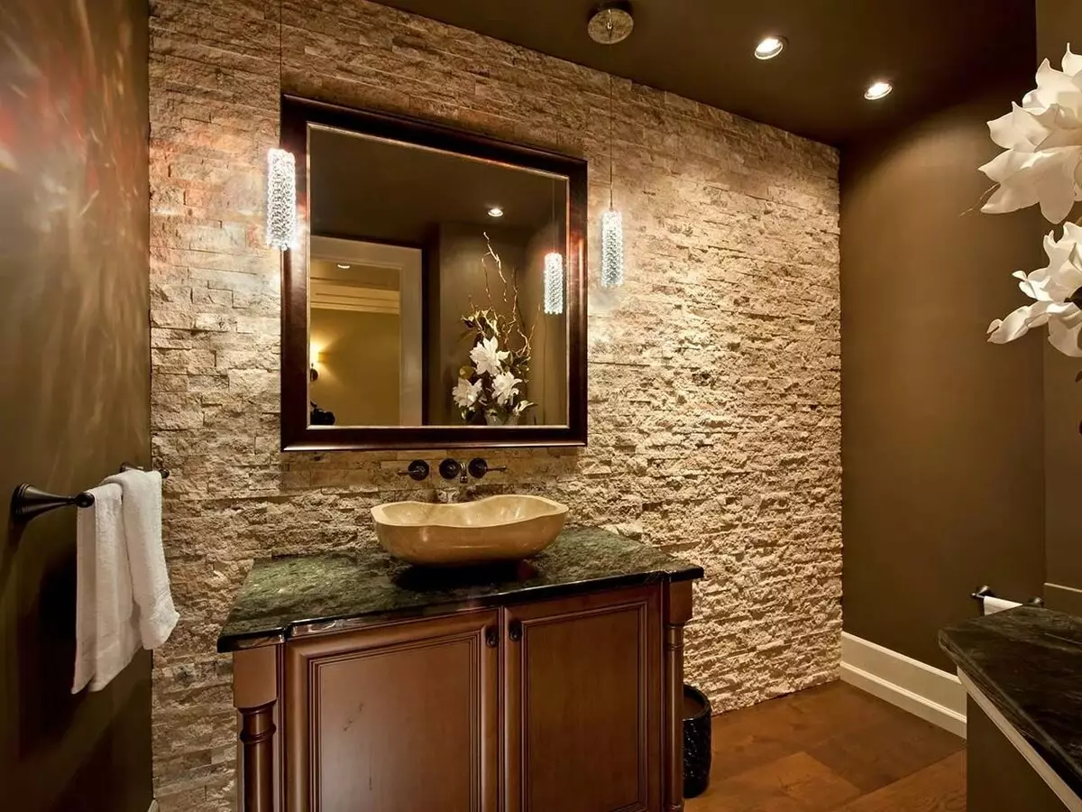 Làm thế nào để tách các bức tường trong phòng tắm khác ngoài gạch? 65 Ảnh: Tùy chọn thiết kế. Hình nền và các vật liệu hoàn thiện khác. Những gì có thể được may và tường thay vì gạch? 10108_46
