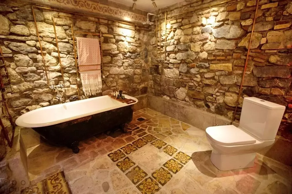 Làm thế nào để tách các bức tường trong phòng tắm khác ngoài gạch? 65 Ảnh: Tùy chọn thiết kế. Hình nền và các vật liệu hoàn thiện khác. Những gì có thể được may và tường thay vì gạch? 10108_5
