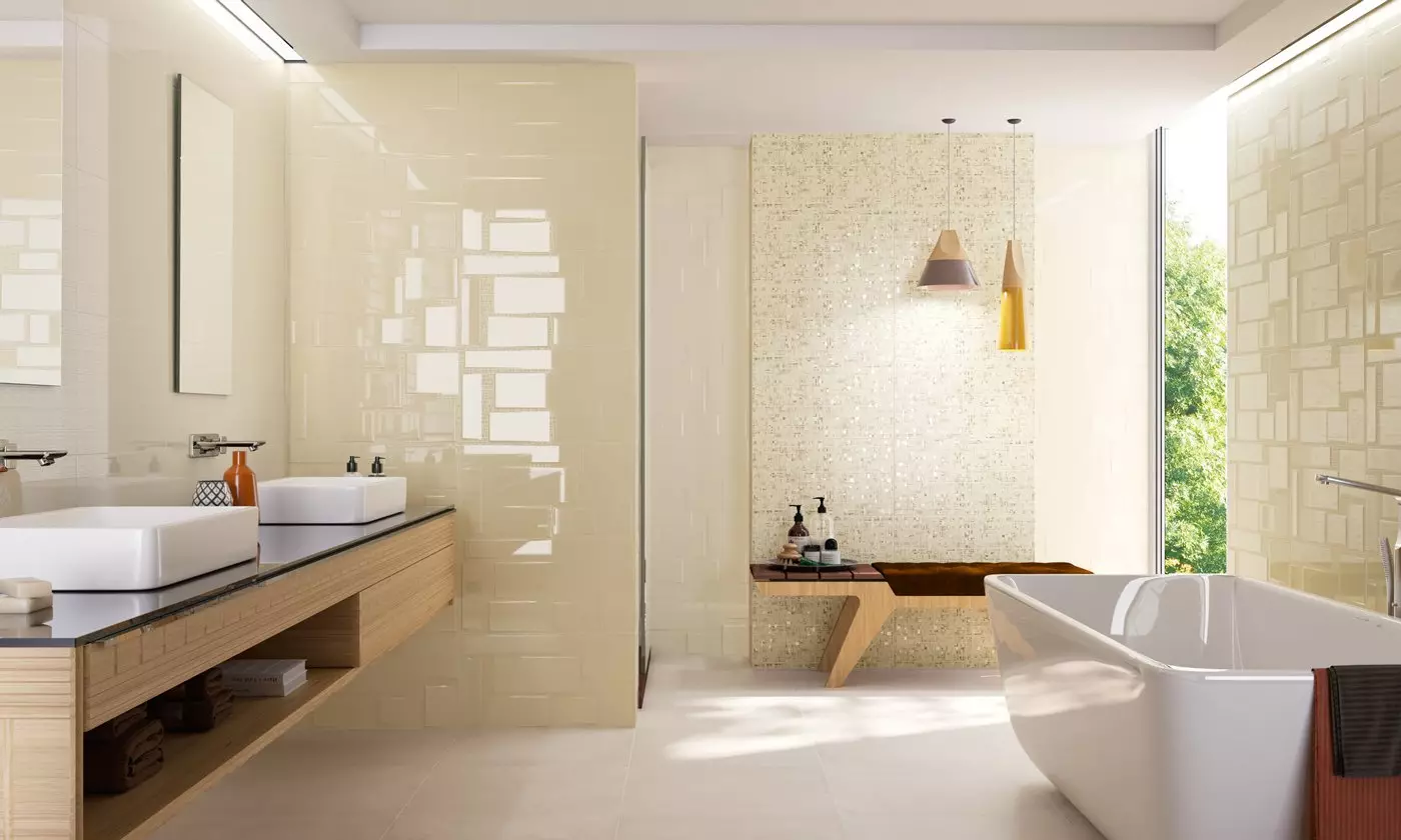 Glanzende badkamer tegel: keramiek en andere tegels op de vloer, met aan de muur gemonteerde glanzende tegels. Voor-en nadelen 10112_12
