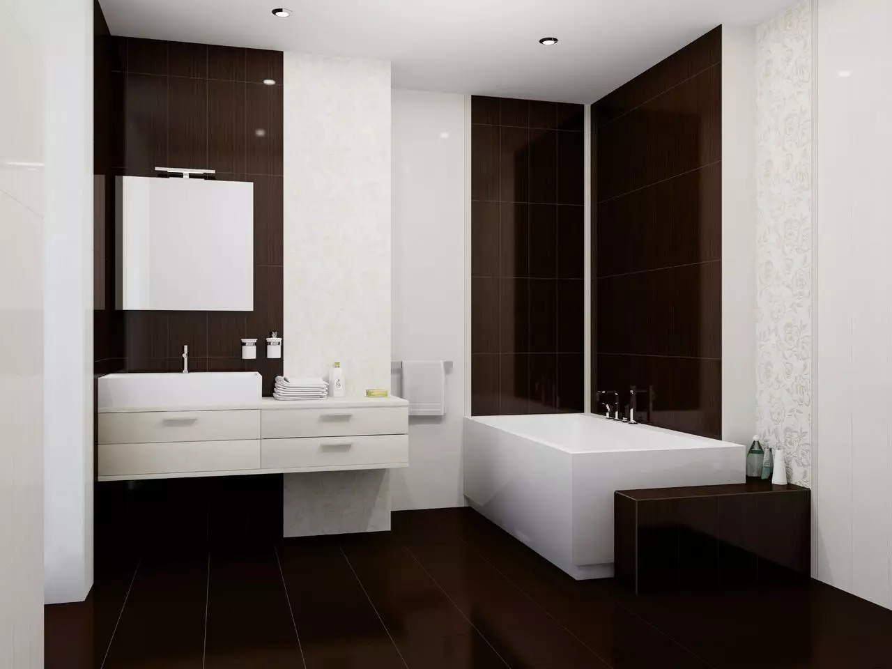 Hnědá dlažba pro koupelnu (66 fotografií): keramické a jiné dlaždice v hnědých tónech v interiéru koupelny 10113_41
