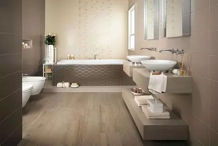 Jubin beige untuk bilik mandi (50 foto): reka bentuk matte dan jubin berkilat dalam warna kuning, jubin seramik di bahagian dalam dan pilihan lain 10120_24