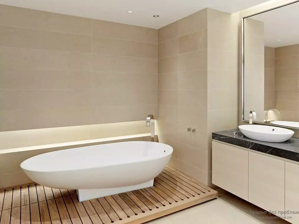 Jubin beige untuk bilik mandi (50 foto): reka bentuk matte dan jubin berkilat dalam warna kuning, jubin seramik di bahagian dalam dan pilihan lain 10120_49