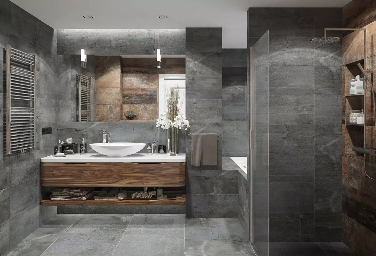 バスルームの灰色のタイル（44枚の写真）：浴室の濃い灰色と薄い灰色のタイル。灰色の色のマットセラミックと他のタイル 10126_25
