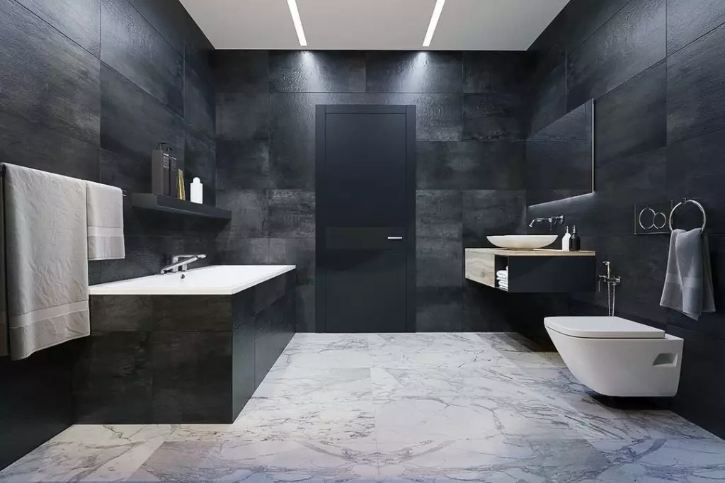 Grå flise på badeværelset (44 billeder): mørkegrå og lysegrå fliser på badeværelset. Matte keramik og andre fliser i grå farver 10126_26