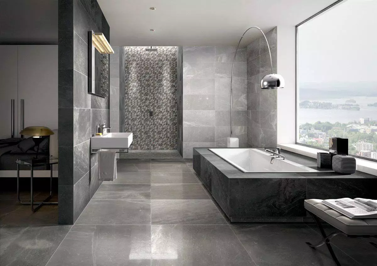バスルームの灰色のタイル（44枚の写真）：浴室の濃い灰色と薄い灰色のタイル。灰色の色のマットセラミックと他のタイル 10126_35