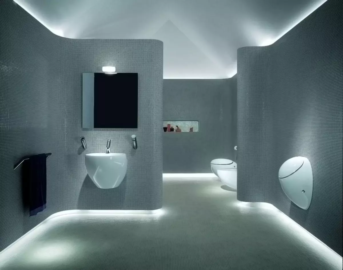 Belysning i badrummet (88 bilder): Exempel på designen av ett litet och stort rum med belysning, urval av fuktsäkert ledband och andra lampor 10135_16
