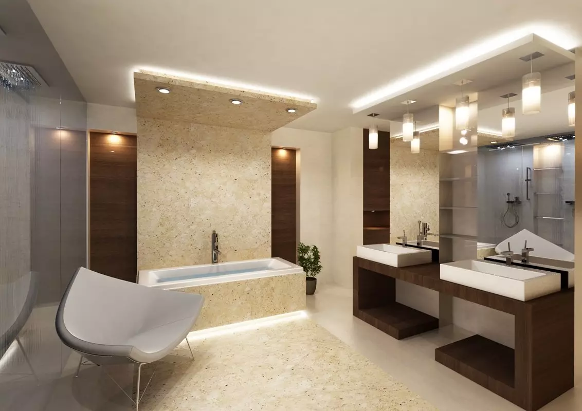 Apšvietimas vonios kambaryje (88 nuotraukos): mažo ir didelio kambario dizaino pavyzdžiai su apšvietimu, drėgmės atsparios LED juostos ir kitų lempų parinkimas 10135_3
