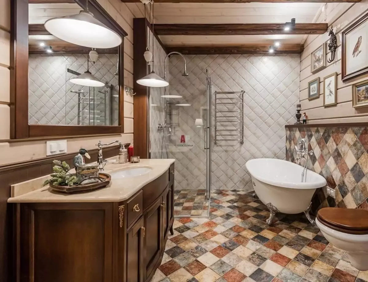 Ванна кімната в дерев'яному будинку (97 фото): дизайн і обробка душової в будинку з бруса, цікаві рішення для інтер'єру, варіанти облаштування 10138_40