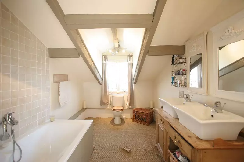 Ванна кімната в дерев'яному будинку (97 фото): дизайн і обробка душової в будинку з бруса, цікаві рішення для інтер'єру, варіанти облаштування 10138_46