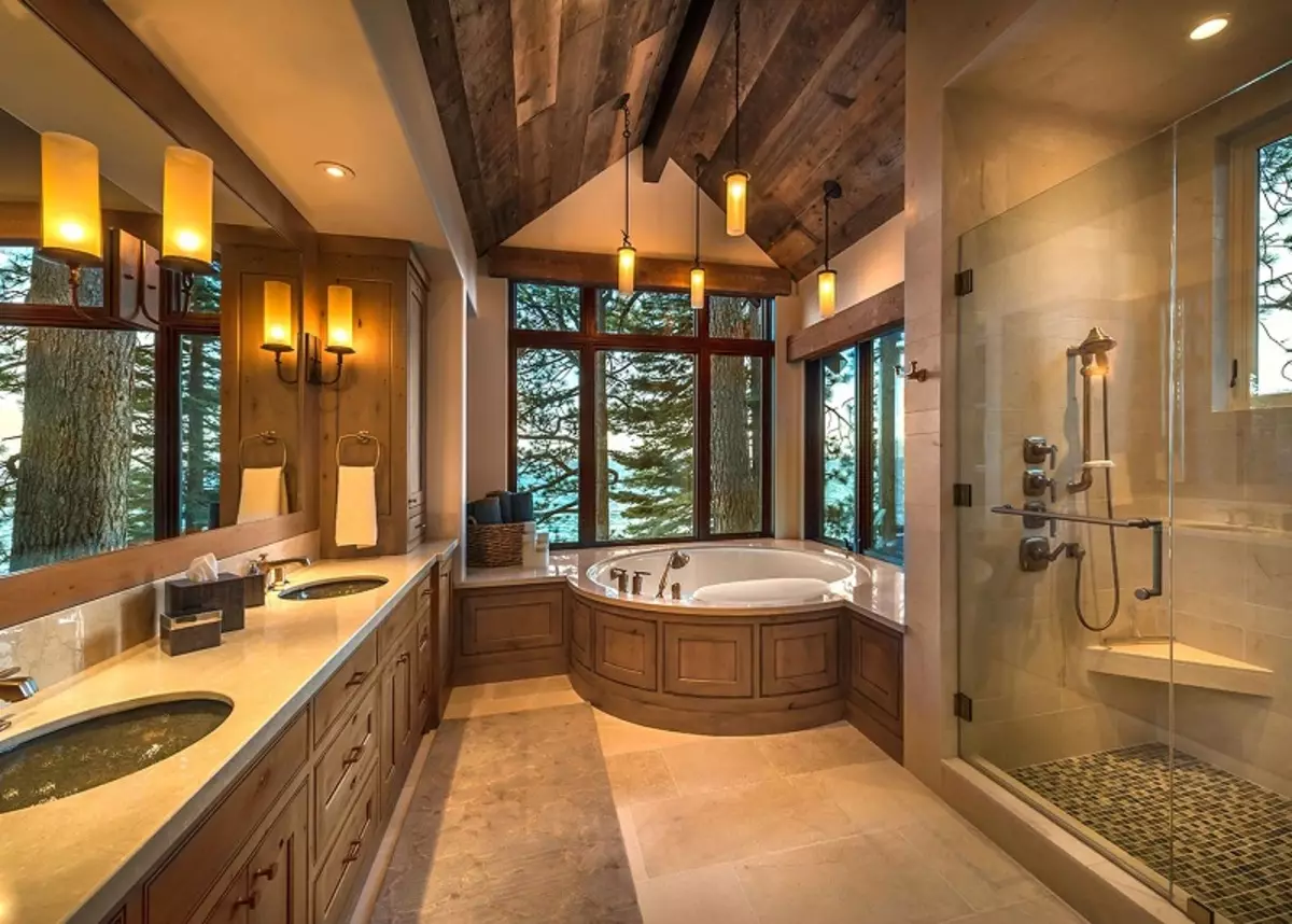Ванна кімната в дерев'яному будинку (97 фото): дизайн і обробка душової в будинку з бруса, цікаві рішення для інтер'єру, варіанти облаштування 10138_67