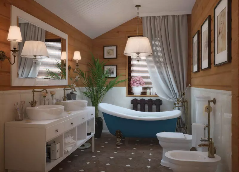 Ванна кімната в дерев'яному будинку (97 фото): дизайн і обробка душової в будинку з бруса, цікаві рішення для інтер'єру, варіанти облаштування 10138_74