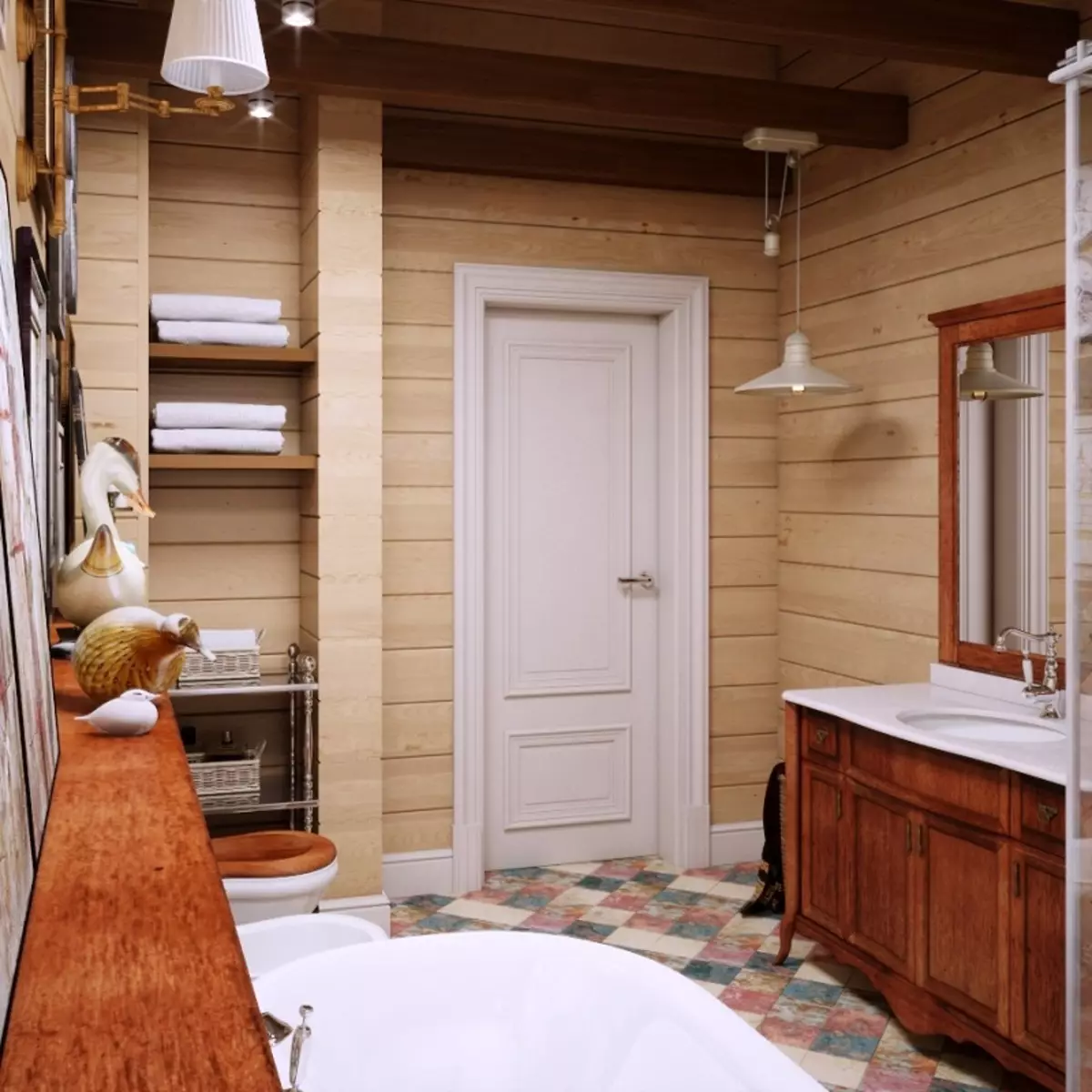 Деревянные двери в ванной. Ванная в доме из клееного бруса в стиле Прованс. Ванная комната в доме из бруса. Санузел в доме из клееного бруса. Ванные в домах из бруса.