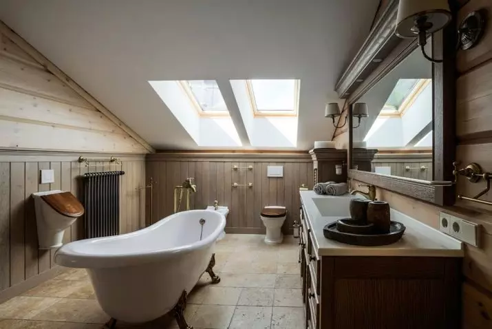 Ванна кімната в дерев'яному будинку (97 фото): дизайн і обробка душової в будинку з бруса, цікаві рішення для інтер'єру, варіанти облаштування 10138_92