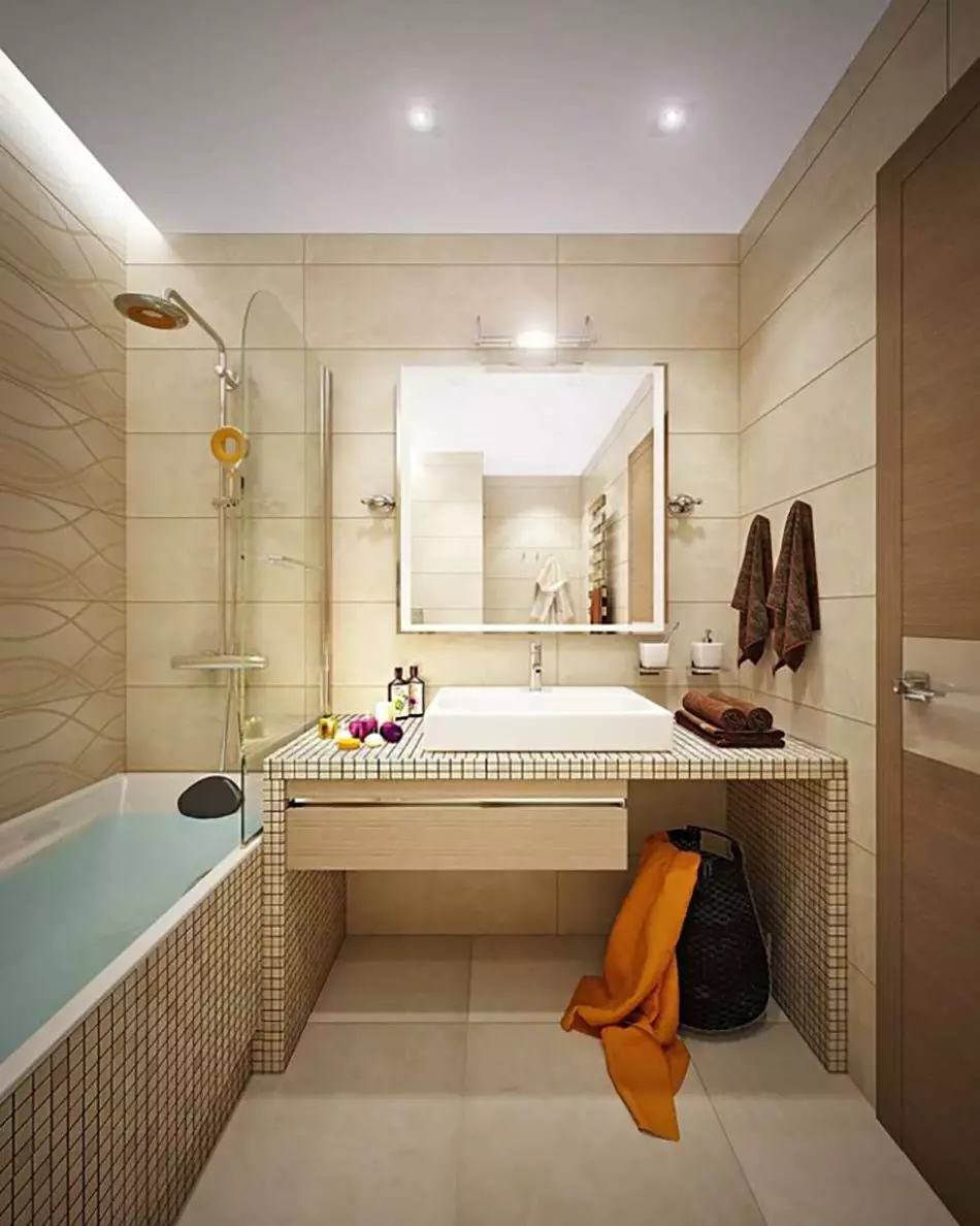 Desain kamar mandi 4 meter persegi. M (97 Foto): Designs interior modern saka kamar cilik 4 meter persegi, ngrancang ide 10139_65
