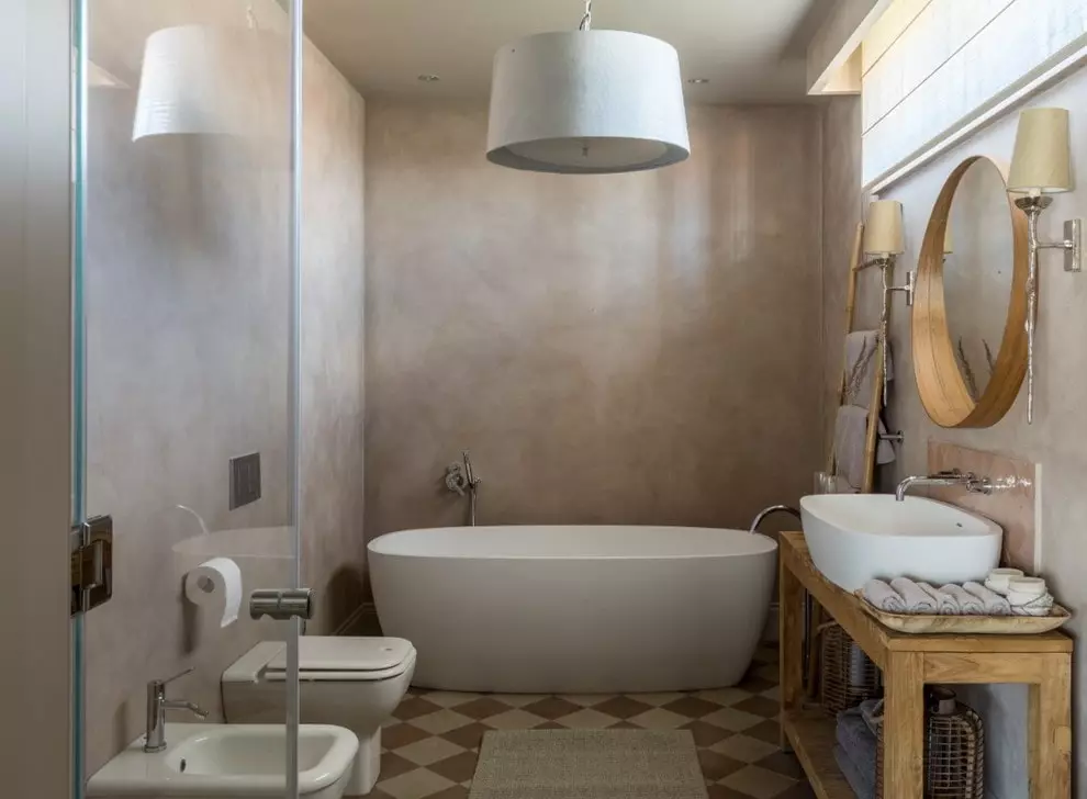 Dekoratívne kúpeľňové omietky (56 fotografií): benátsky a iný druh vlhkosti pre interiérové ​​nástenné dekorácie, možnosti dizajnu 10140_42