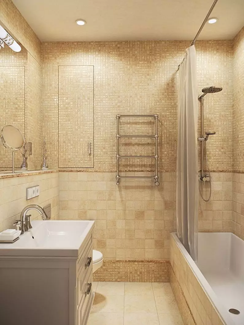 Badeværelse i Khrusjtchev (97 Billeder): Little Room Design, Afslutningsmuligheder, Standard Små værelser Indvendige eksempler 10144_15