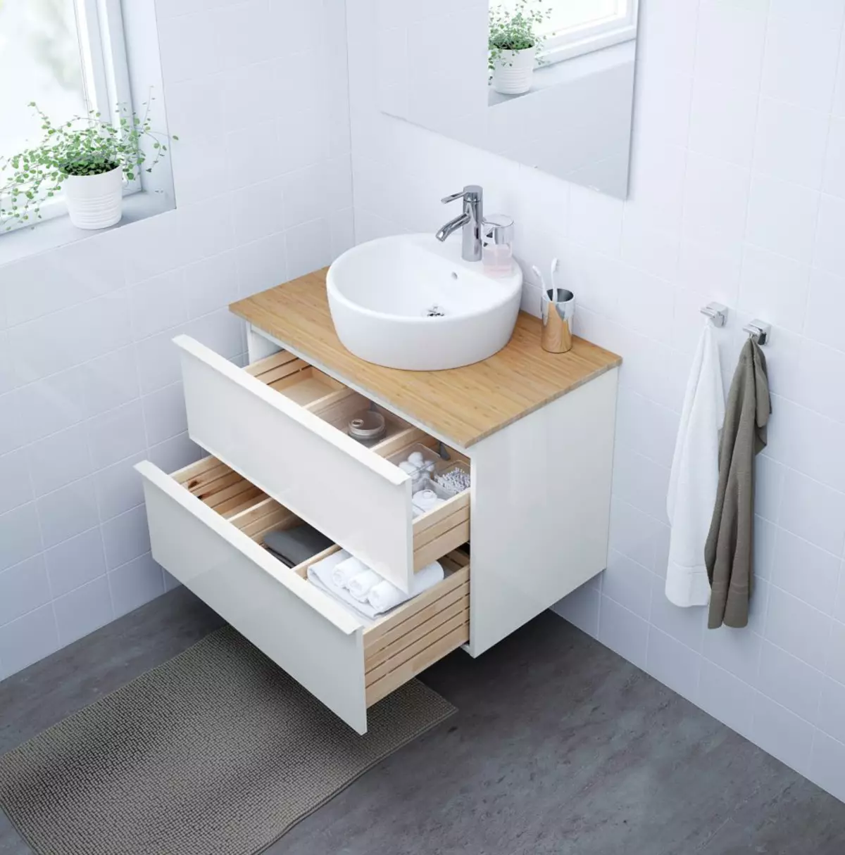 Soportes de baño: mesas de baño de variedades, descripción general de la marca IKEA y otros, soportes de madera y otros 10150_40