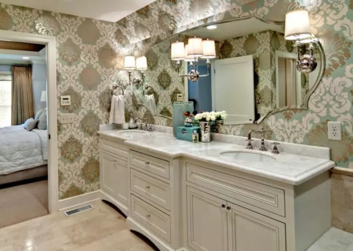 Tapeta v koupelně (120 fotografií): Vlastnosti vodotěsné fotky tapety, omyvatelná samolepicí stěna odolná proti vlhkosti a sklo pro koupelnu. Co je lepší? Recenze 10155_102