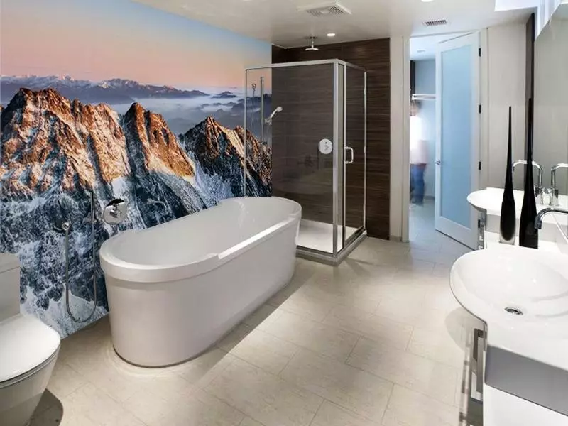 Hình nền trong phòng tắm (120 ảnh): Các tính năng của hình nền ảnh chống nước, có thể giặt được hình nền tự dính chống ẩm và đồ thủy tinh cho phòng tắm. Điều gì phù hợp hơn? Đánh giá 10155_14