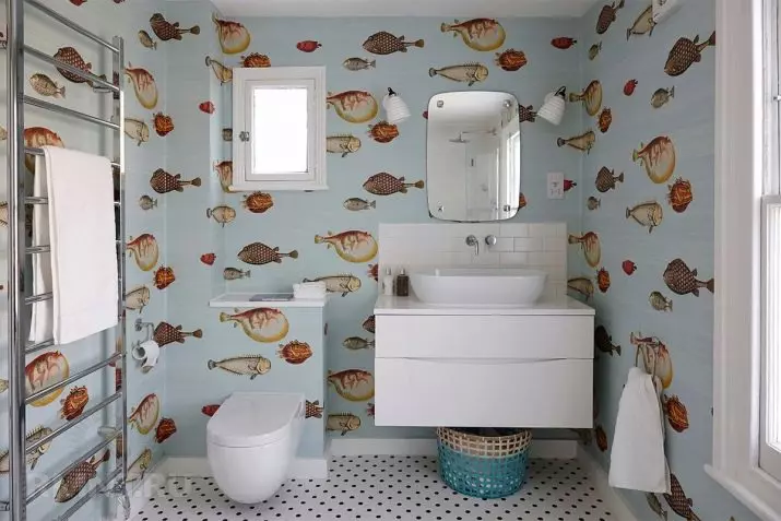 Hình nền trong phòng tắm (120 ảnh): Các tính năng của hình nền ảnh chống nước, có thể giặt được hình nền tự dính chống ẩm và đồ thủy tinh cho phòng tắm. Điều gì phù hợp hơn? Đánh giá 10155_18