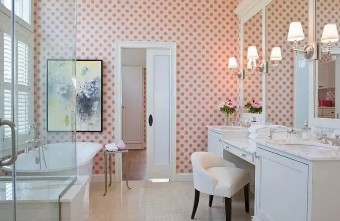 浴室壁纸（120张照片）：防水照片壁纸的特点，可用于浴室的可清洗防潮自粘壁纸和玻璃器皿。什么更适合？评论 10155_19