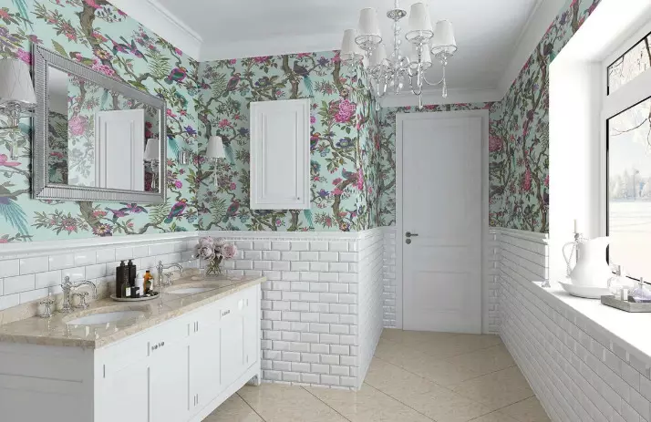 Hình nền trong phòng tắm (120 ảnh): Các tính năng của hình nền ảnh chống nước, có thể giặt được hình nền tự dính chống ẩm và đồ thủy tinh cho phòng tắm. Điều gì phù hợp hơn? Đánh giá 10155_2